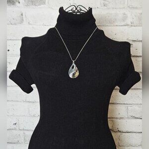 Gold & Silver Tone Teardrop Pendant Necklace w/ Layered Resin Inlay